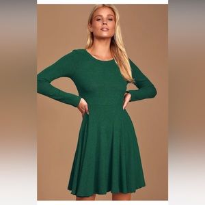 Lulus Fit and Fair Hunter Green Ribbed Knit Long Sleeve Skater Dress (XL)